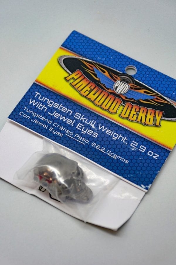 Pinewood Derby Tungsten Skull Weight with jewel eyes