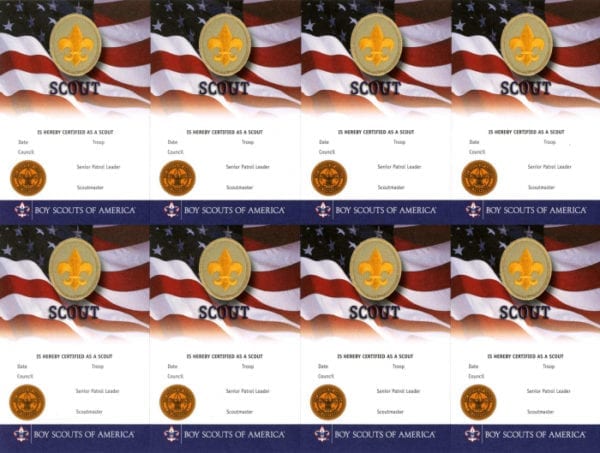 Scout Rank Pocket Certificate, 8 per Sheet -- THIS ITEM IS CURRENTLY UNAVAILABLE